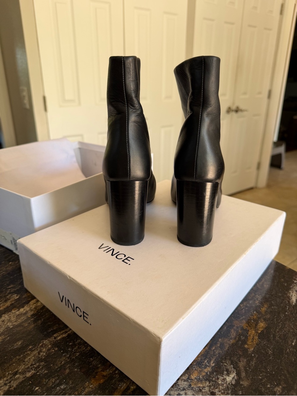 Vince Black Leather Mid-Calf Block Heel Booties - Picture 6 of 7